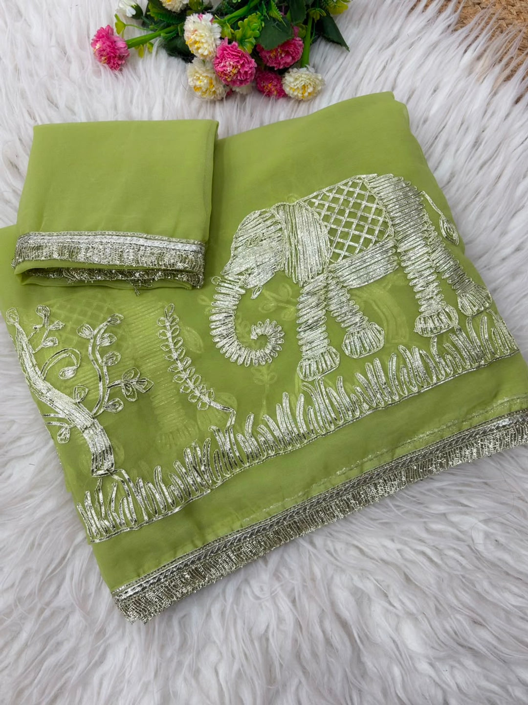 Peachmode Lime Green Gota Patti Georgette Saree - Image 2
