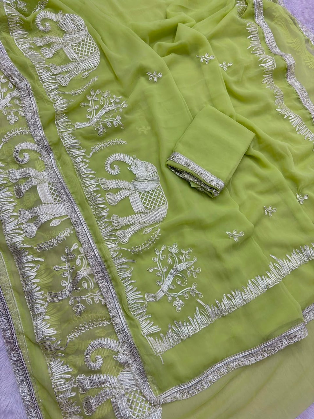 Peachmode Lime Green Gota Patti Georgette Saree - Image 3