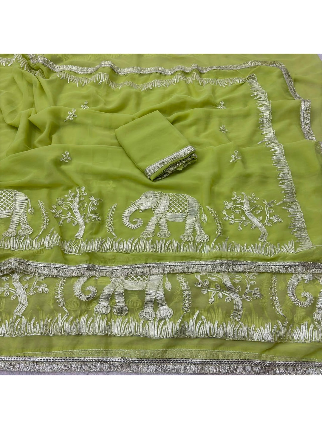 Peachmode Lime Green Gota Patti Georgette Saree - Image 4