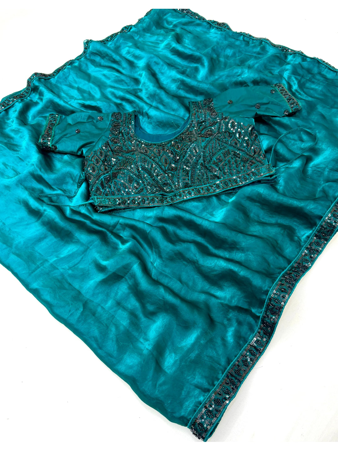 Peachmode Teal Blue Fendy Satin Saree With Embroidered Stitched Blouse - Image 3