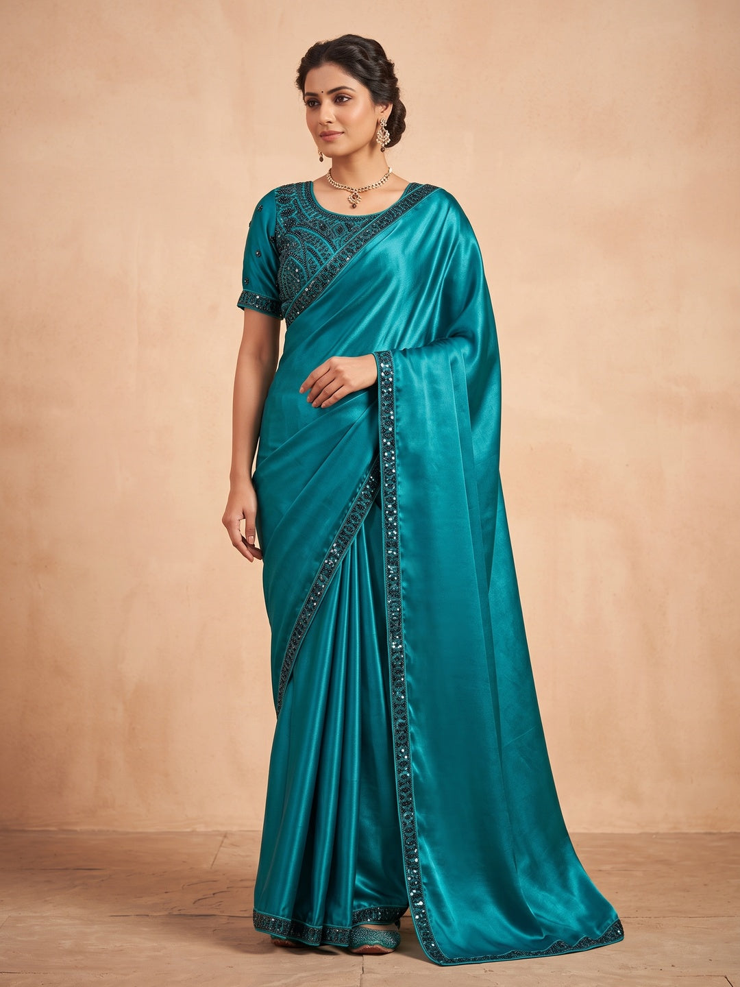 Peachmode Teal Blue Fendy Satin Saree With Embroidered Stitched Blouse - Image 1