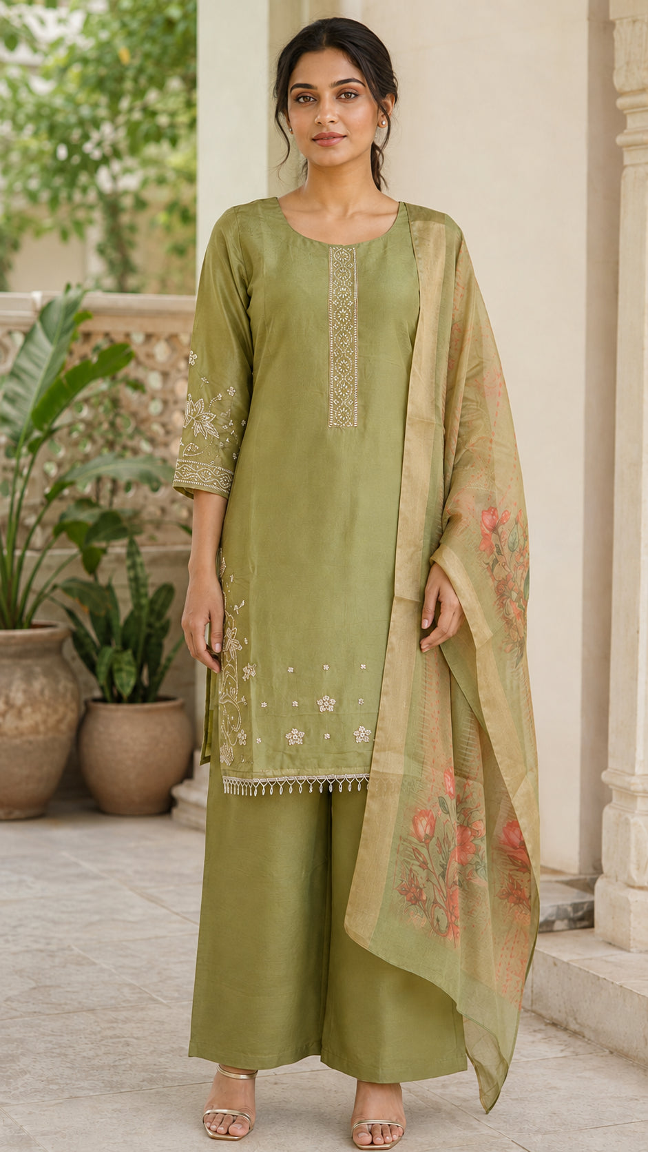 Peachmode Olive Chanderi Silk Floral Embroidered Salwar Suit - Image 2