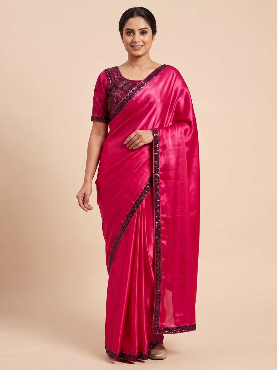 Peachmode Rani Pink Fendy Satin Saree With Embroidered Stitched Blouse - Image 4