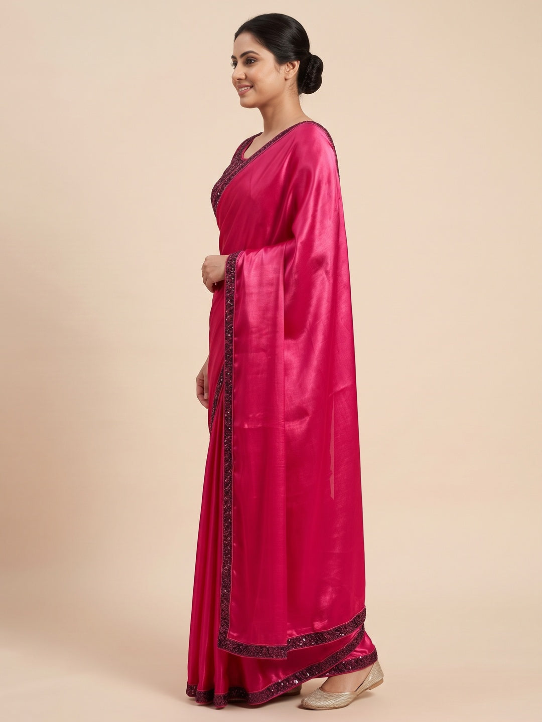 Peachmode Rani Pink Fendy Satin Saree With Embroidered Stitched Blouse - Image 5