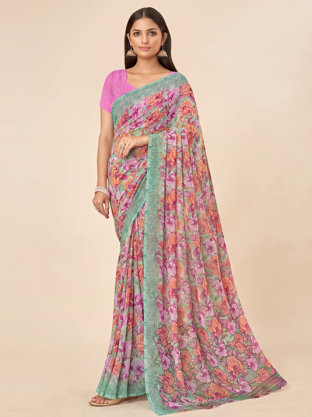 Pink Floral Printed Georgette Saree - Image 1