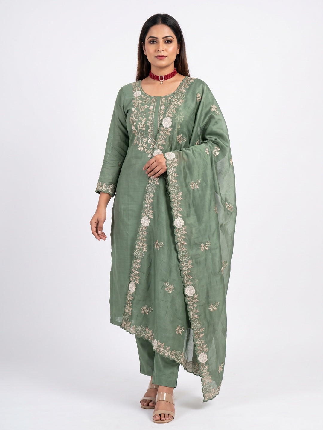 Green Lightweight Georgette Crush Saree Adorned with Delicate Floral Embroidery - Image 1
