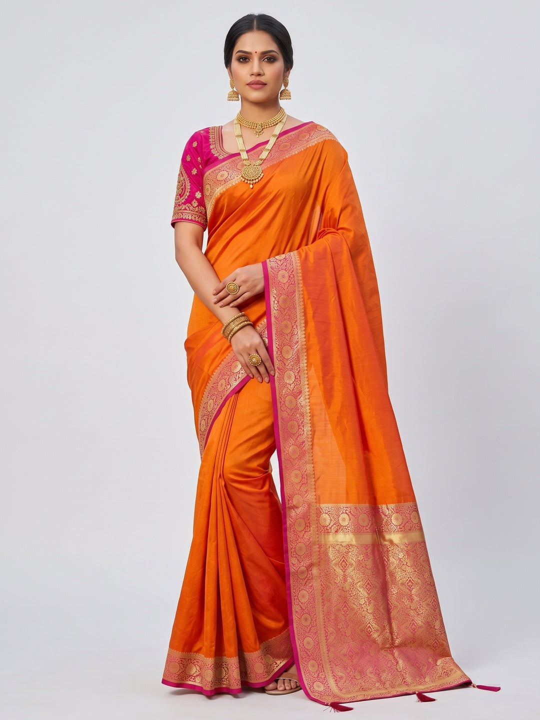 Ethnic Orange Pure Silk Saree with Intricate Border Weaving and Stitched Blouse for Festive Occasions - Image 2