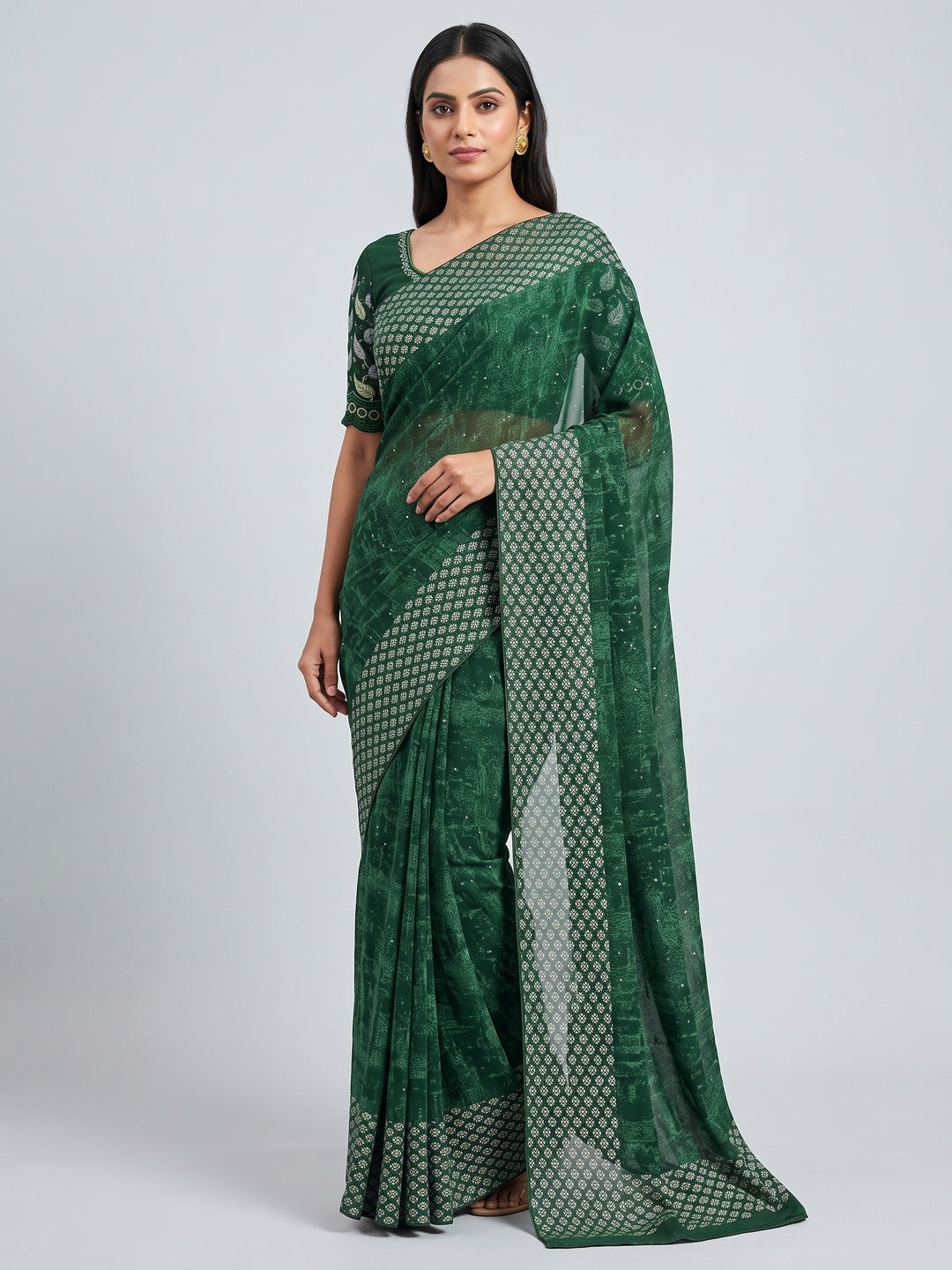 Green Abstract Printed Georgette Saree - Image 1