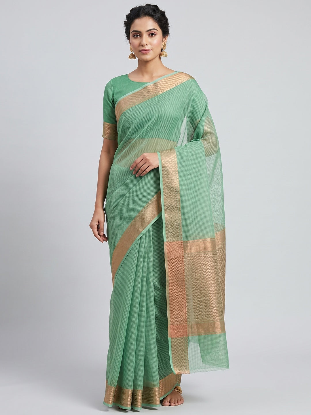 Subtle Solid Sea Green Kota Doria Saree with Traditional Zari Weaving Edging - Image 1