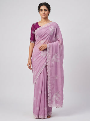 Lightweight Chiffon Saree in Light Purple with Exquisite Thread Embroidered Detailing - Image 1