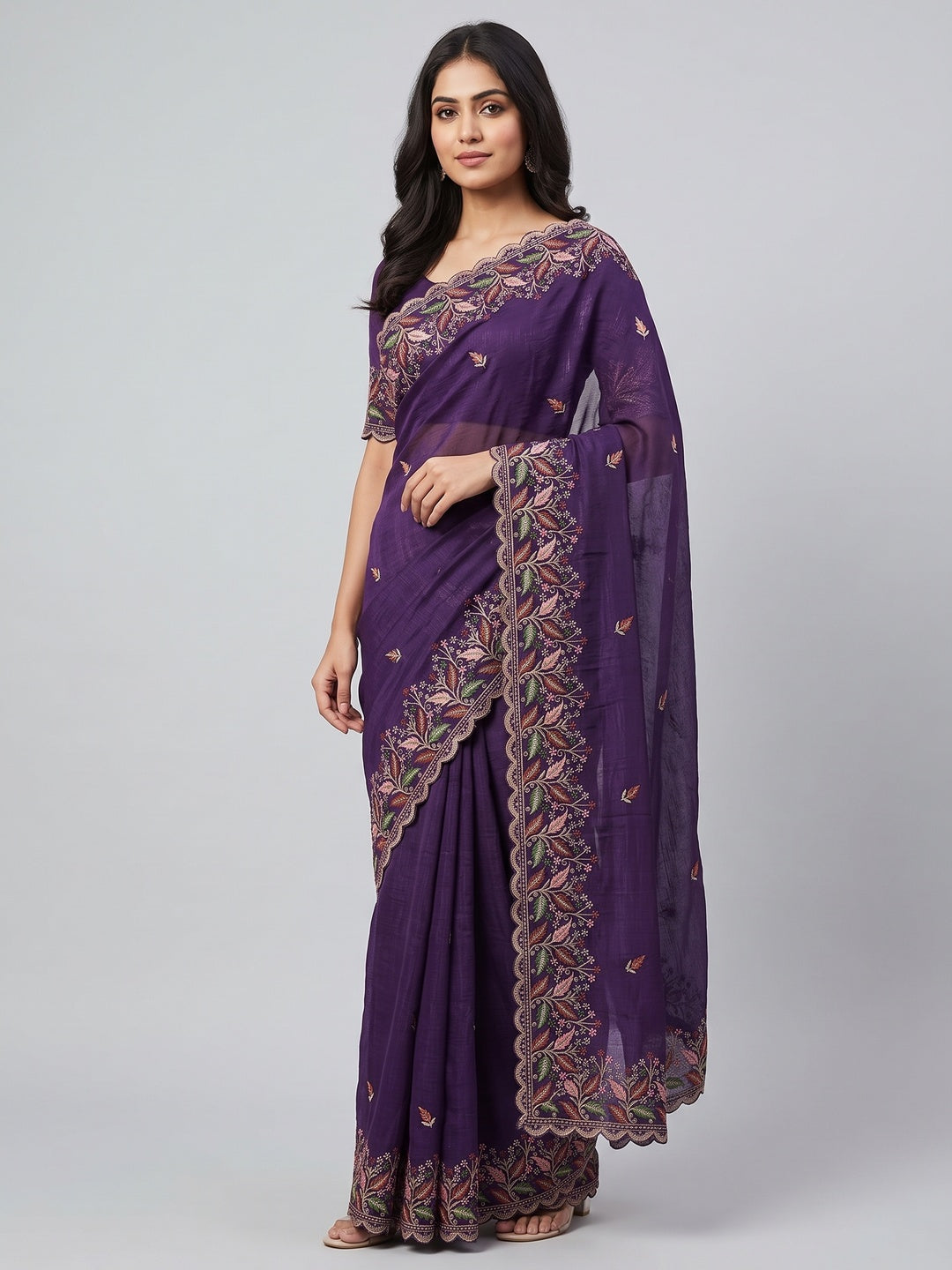 Mesmerizing Purple Chiffon Saree Showcasing Artistic Floral Embroidery For A Luxurious Appeal - Image 1