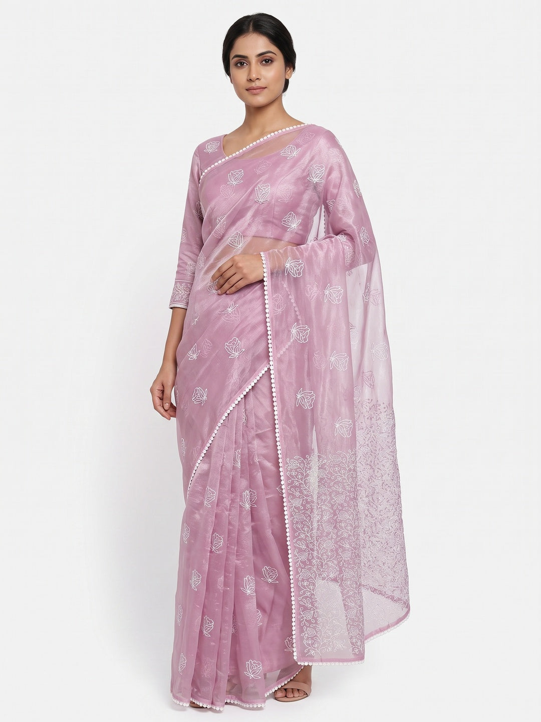 Pink Floral Embroidered Net Saree - Image 5