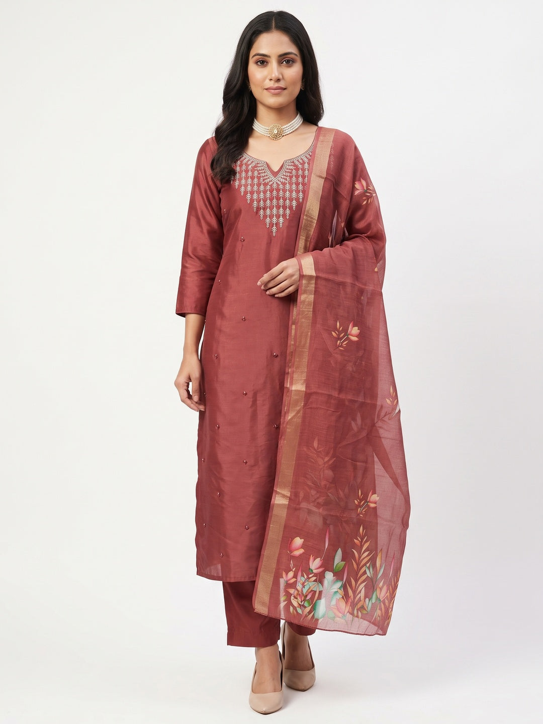 Festive Maroon Floral Embroidered Art Silk Dress Material with Fine Thread Work - Image 1