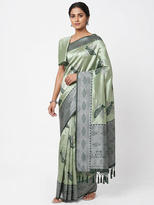 Light Green Banarasi Silk Saree Featuring Zari Weaving Peacock Pattern & Luxe Tassels - Image 1