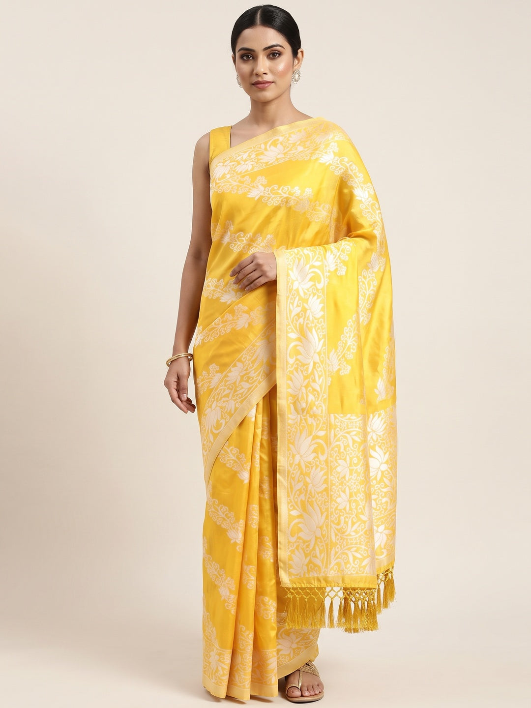 Radiant Yellow Woven Silk Saree with Floral Accents - Image 1