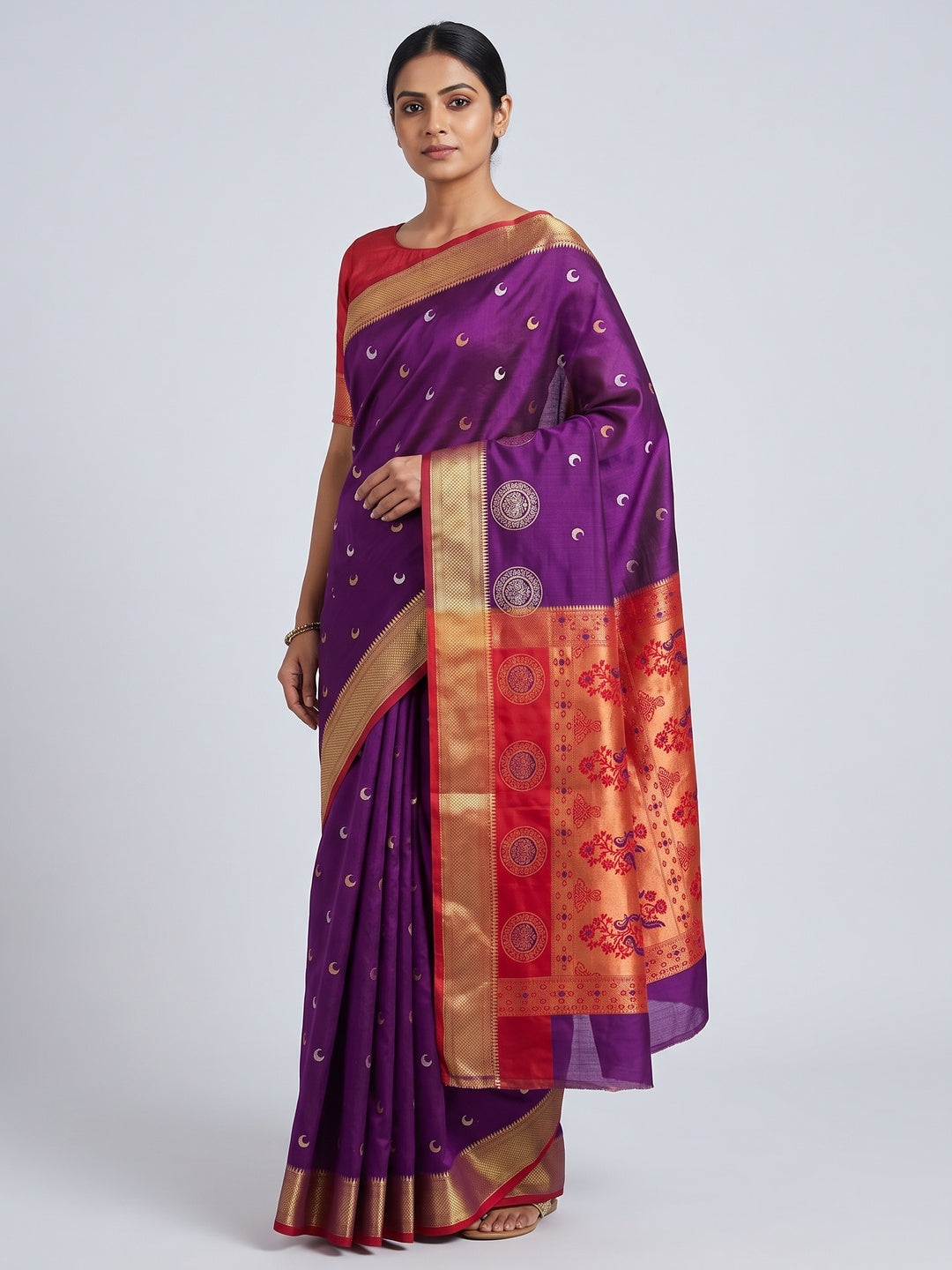 Purple Zari Weaving Cotton Silk Jacquard Saree - Image 1