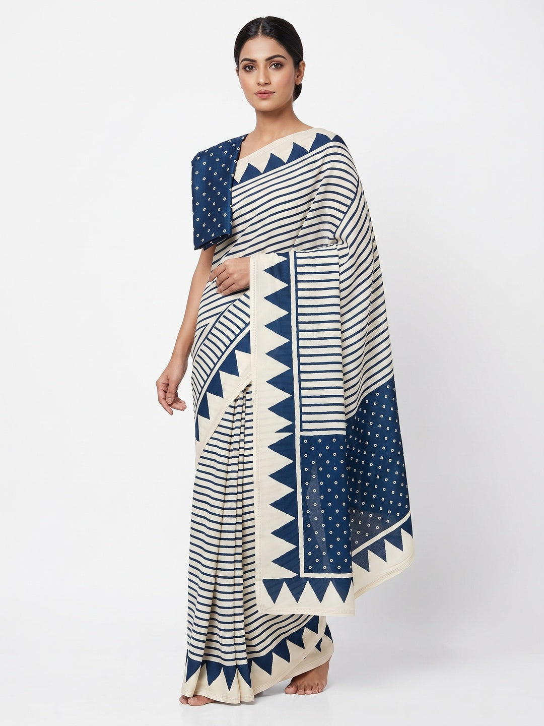 Party Perfect Off White & Blue Saree Crafted in Cream Crepe Fabric with Striped Print - Image 1
