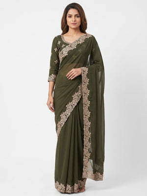 Stylish Mehendi Green Star Chiffon Saree with Traditional Zari Embellished Border - Image 1