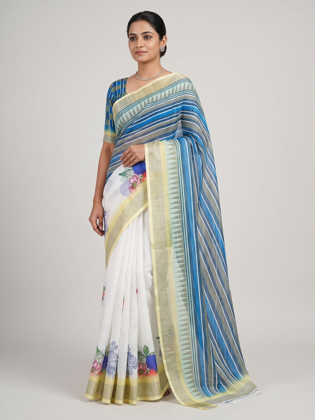 White & Light Yellow Floral Digital Printed Linen Saree With Zari Border - Image 4