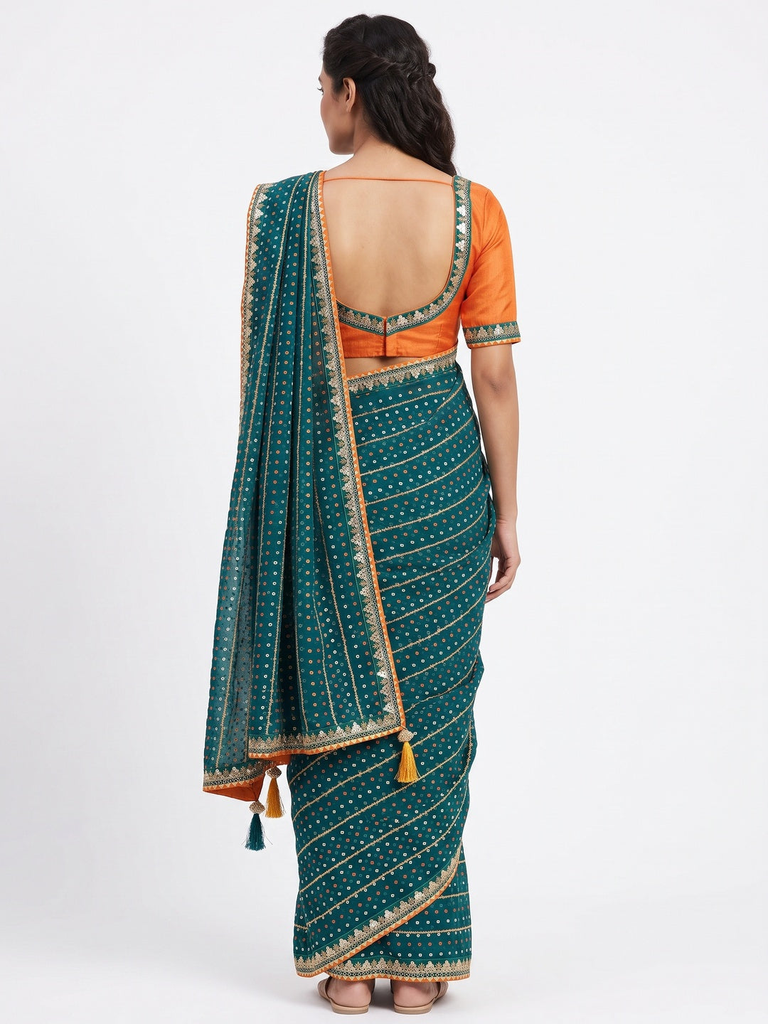 Charming Teal Bandhani Printed Georgette Saree With Glittering Sequins & Zari Border - Image 4