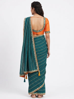 Charming Teal Bandhani Printed Georgette Saree With Glittering Sequins & Zari Border - Image 4