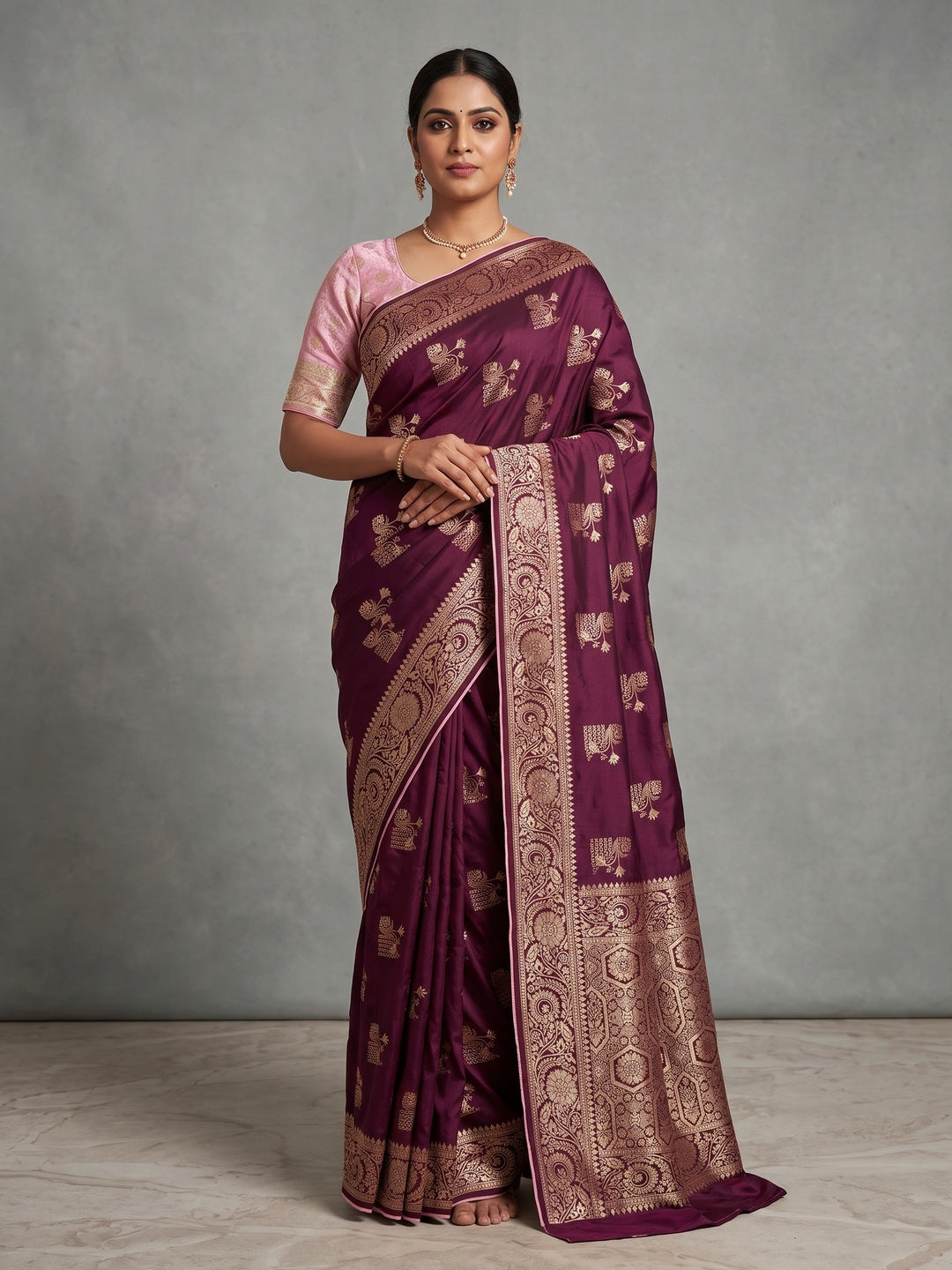 Purple Elegant Soft Muslin Saree with Fine Meenakari Zari Woven Motifs - Image 5
