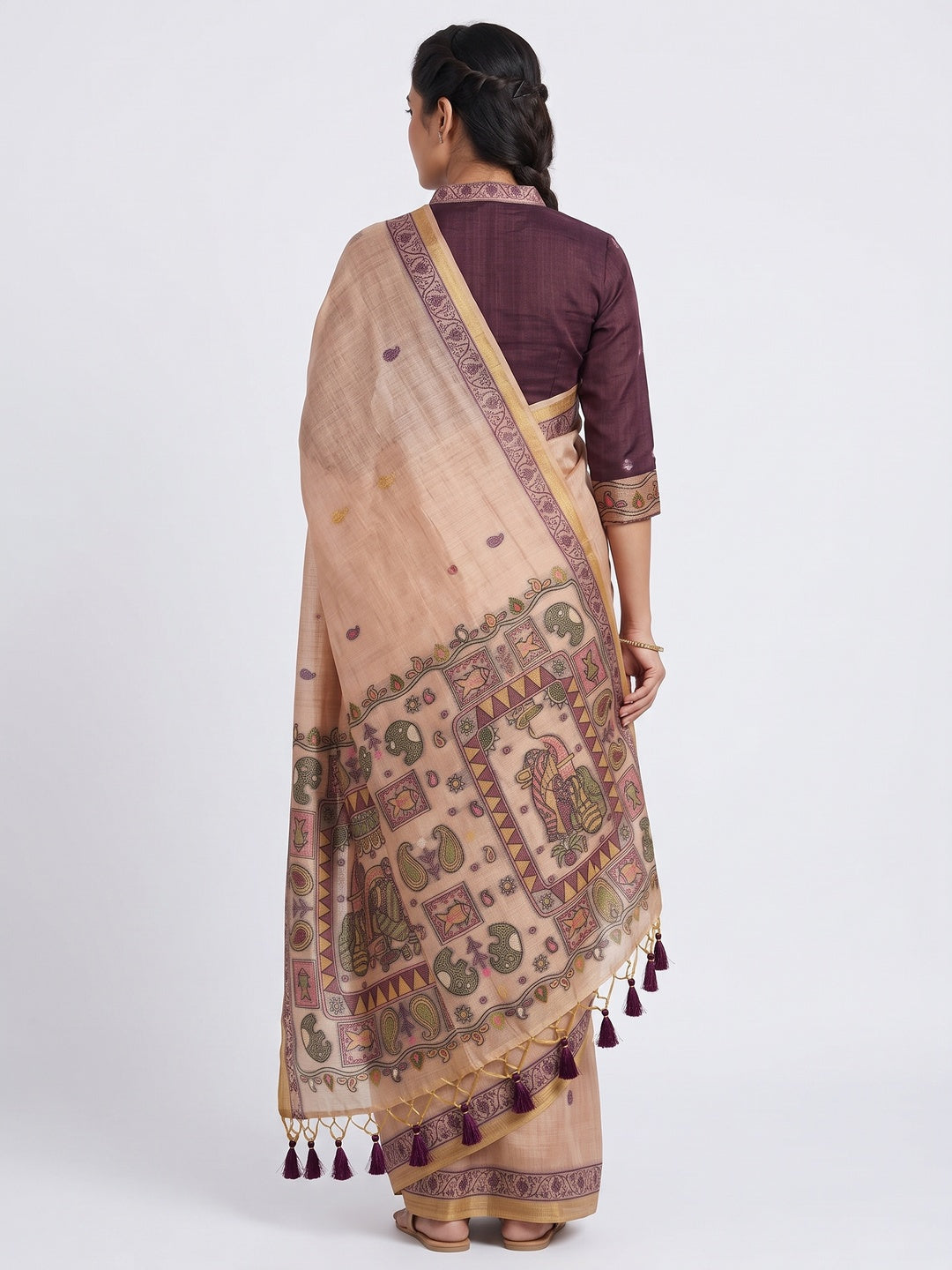 Peach Woven Muga Cotton Silk Saree In Kalamkari Motifs On Pallu - Image 2