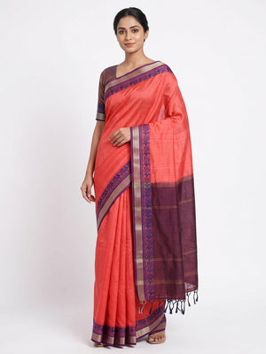 Coral Red Pure Handloom Silk Saree with an Elegantly Woven Jacquard Border - Image 1