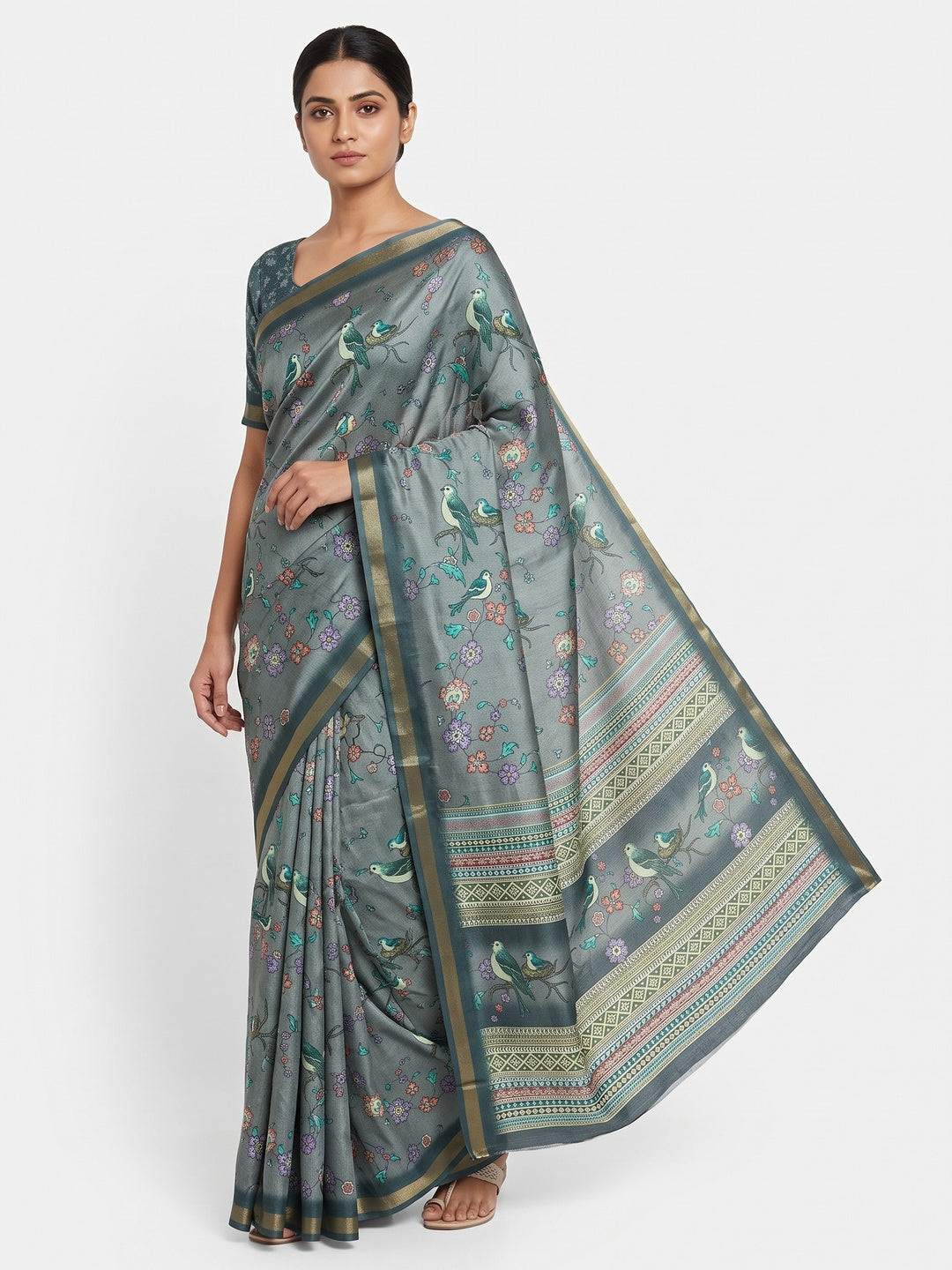 Grey Floral & Bird Digital Printed Dola Silk Saree With Elegant Zari Border - Image 1