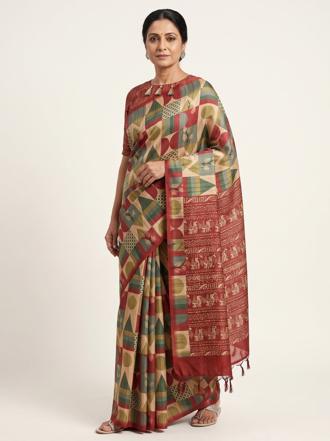 Beige Geometric Printed Tussar Silk Blend Festive Saree with Elegant Textured Finish - Image 1