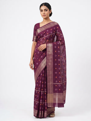 Classic Wine Art Silk Saree With Striped Weaving & Traditional Bandhani Print - Image 1