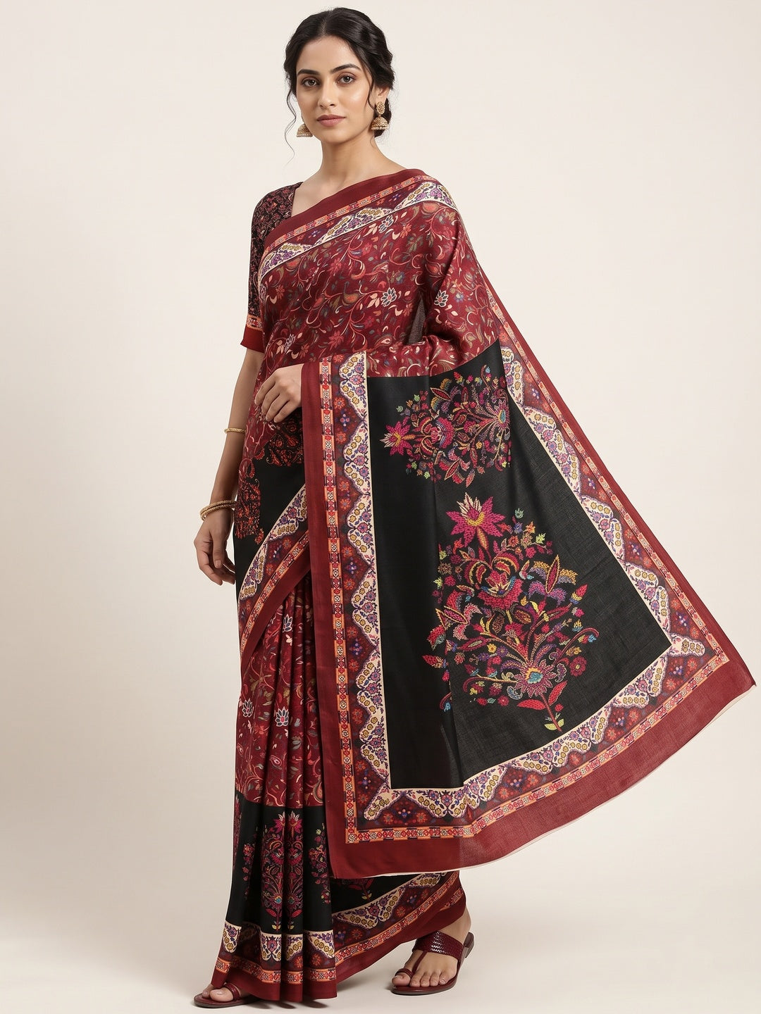 Maroon Floral Digital Printed Pashmina Saree - Image 1