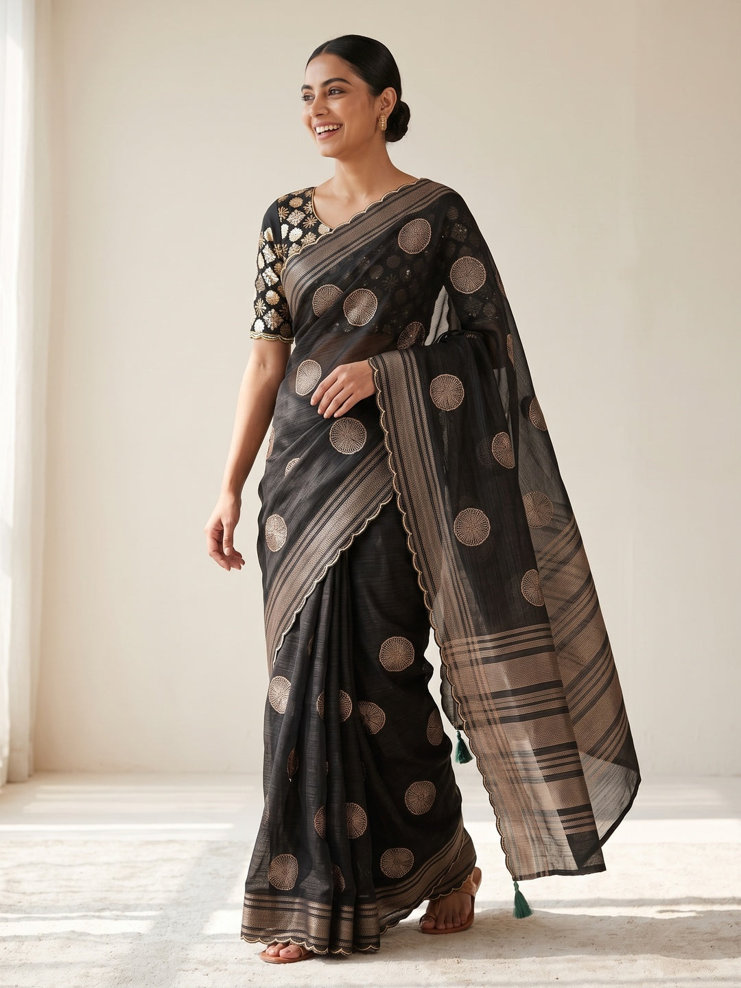 Black Foil Printed Georgette Saree - Image 5