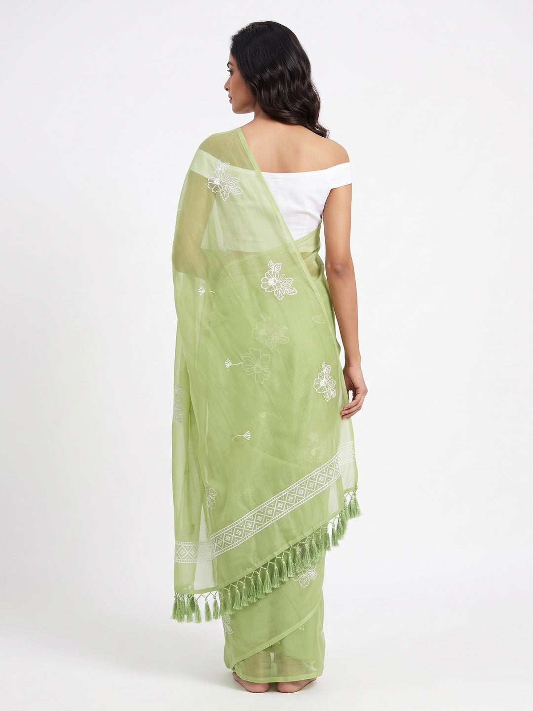 Designer Green Chiffon Saree with Intricate Floral Embroidery - Image 2