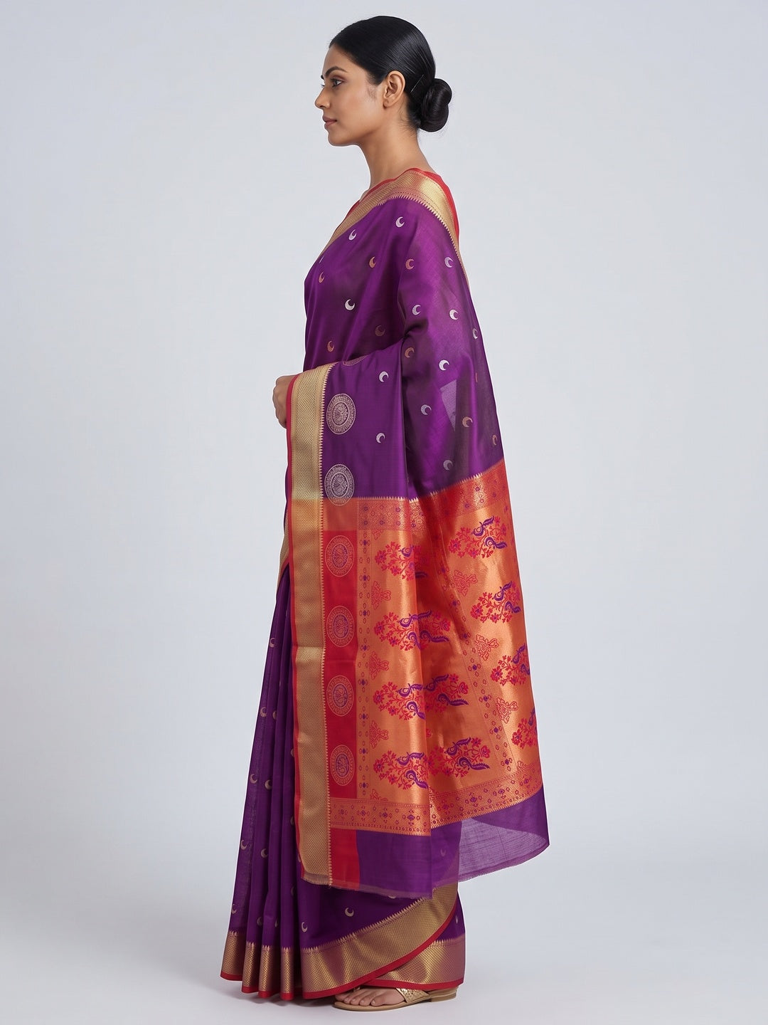Purple Zari Weaving Cotton Silk Jacquard Saree - Image 3