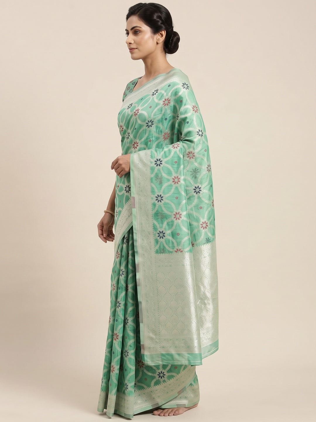 Rich Sea Green Saree in Banarasi Silk with Heritage Floral Zari Design - Image 3