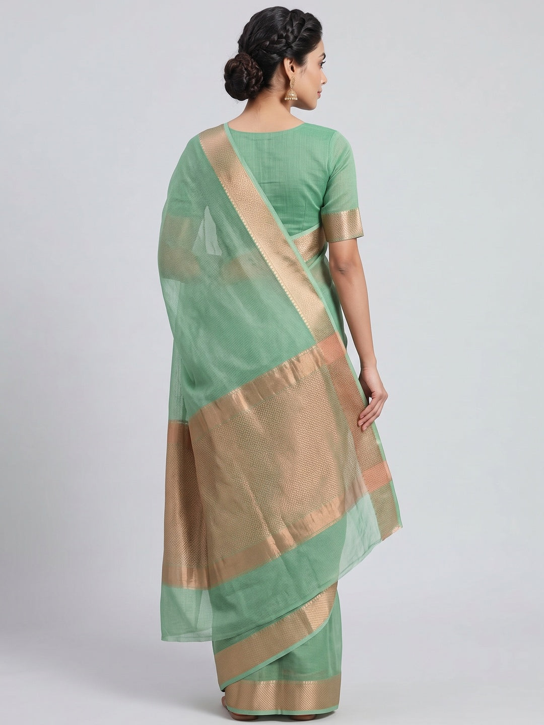 Subtle Solid Sea Green Kota Doria Saree with Traditional Zari Weaving Edging - Image 2