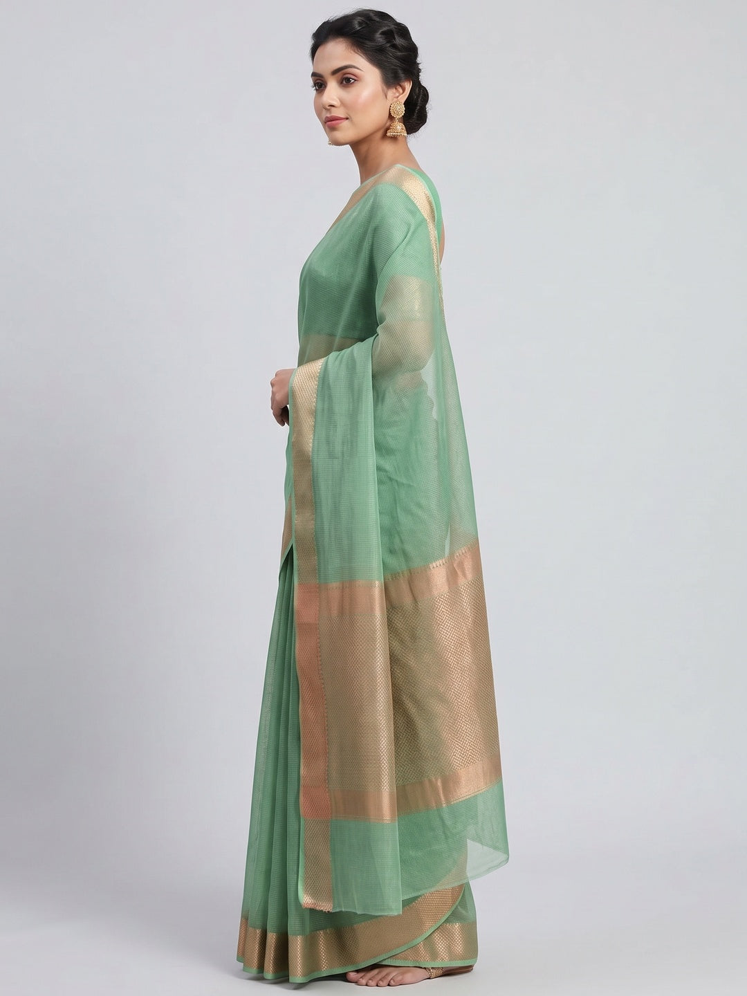 Subtle Solid Sea Green Kota Doria Saree with Traditional Zari Weaving Edging - Image 3