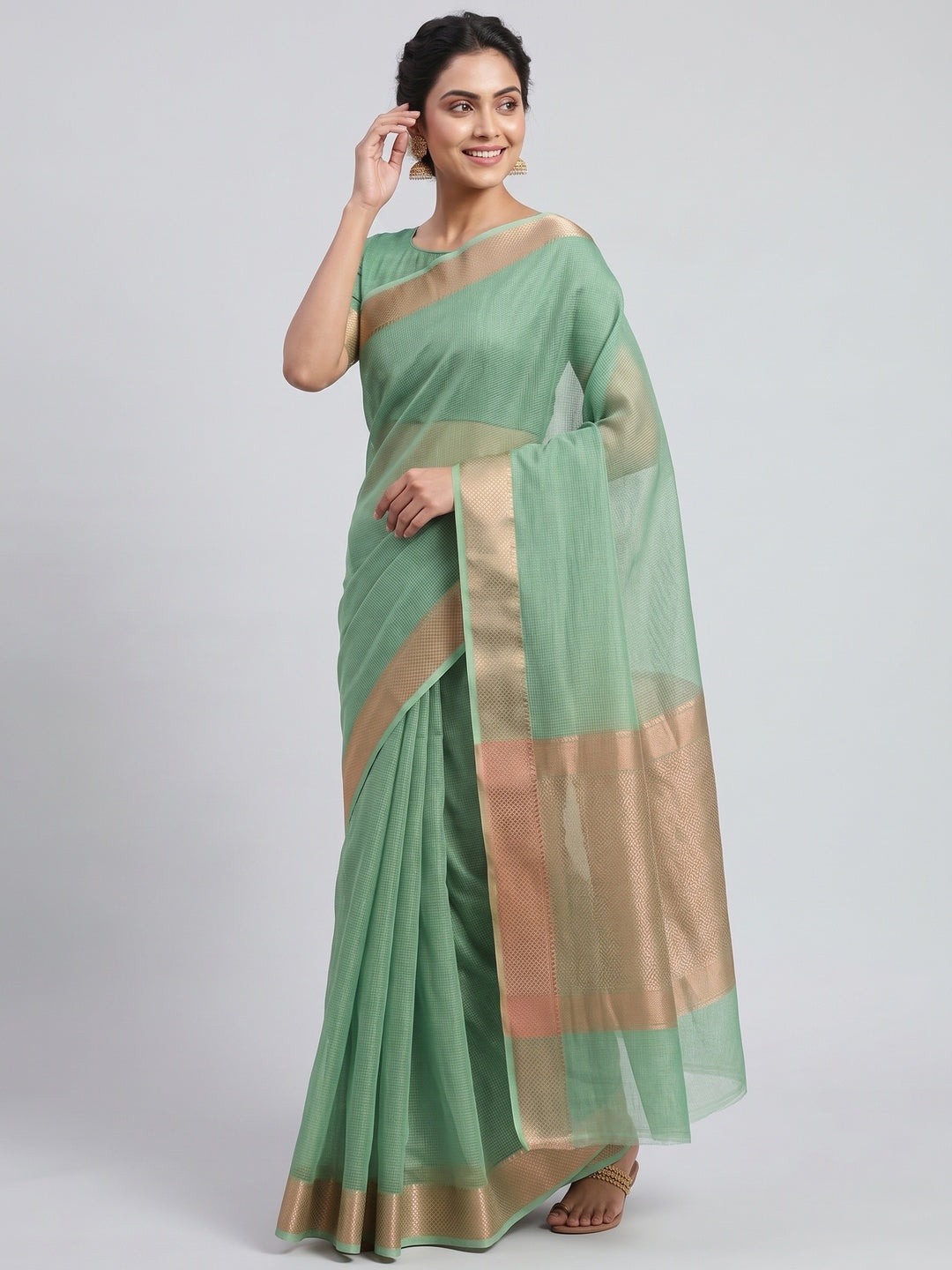 Subtle Solid Sea Green Kota Doria Saree with Traditional Zari Weaving Edging - Image 4