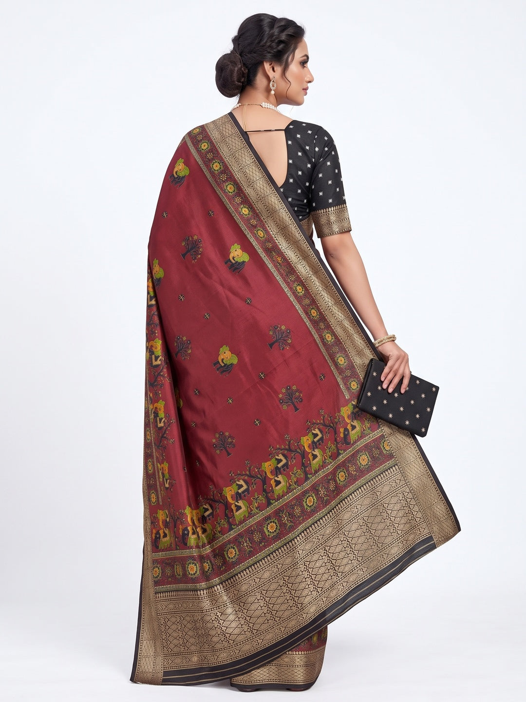 Majestic Maroon Elephant & Floral Printed Dola Silk Saree Featuring Intricate Weaving Border - Image 2