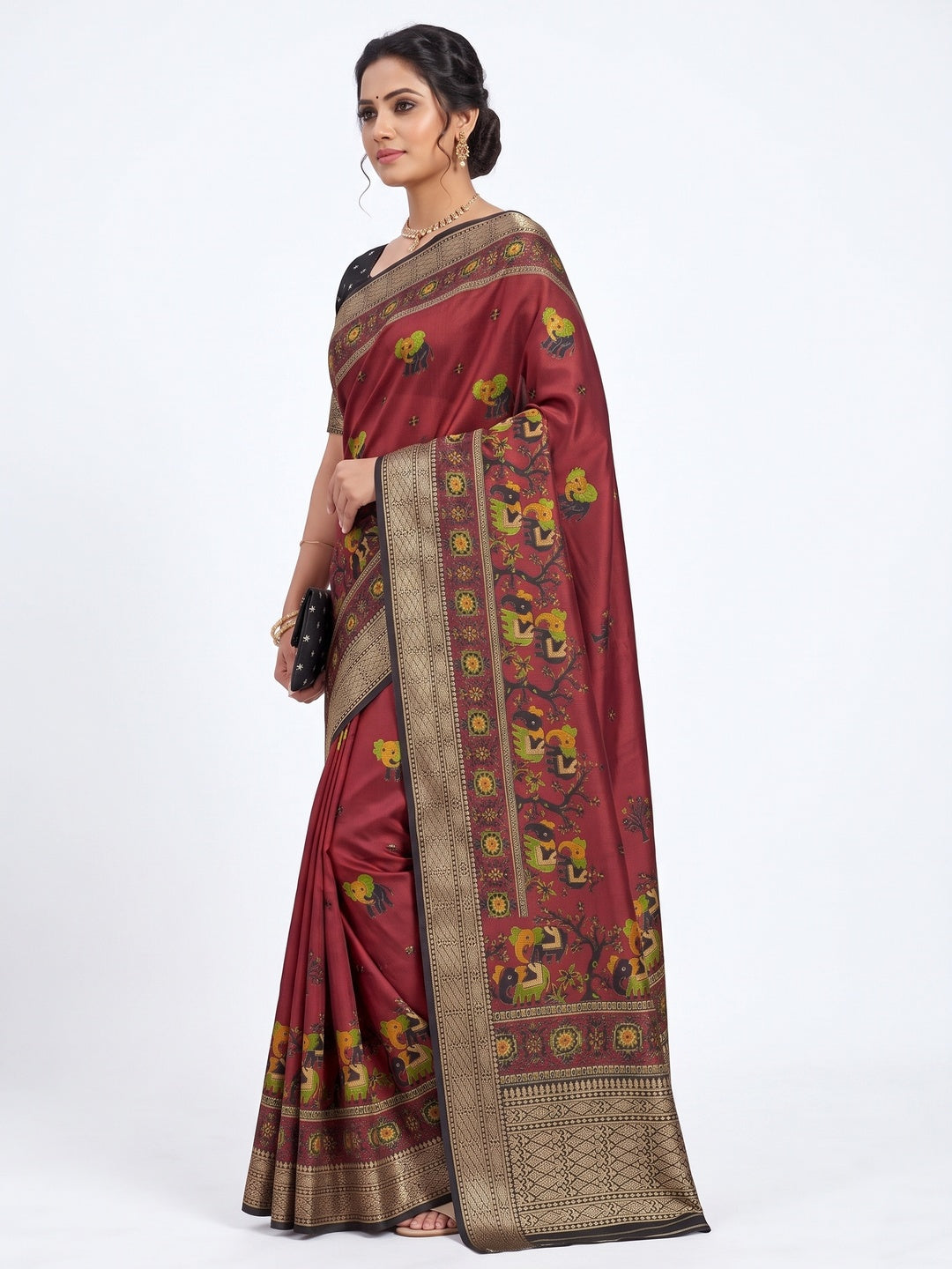 Majestic Maroon Elephant & Floral Printed Dola Silk Saree Featuring Intricate Weaving Border - Image 3