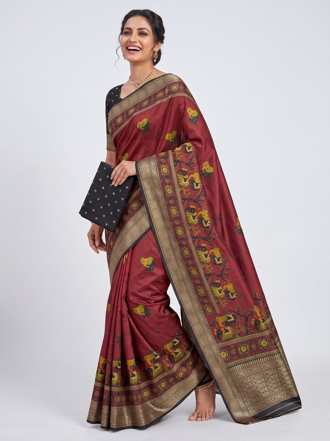 Majestic Maroon Elephant & Floral Printed Dola Silk Saree Featuring Intricate Weaving Border - Image 4