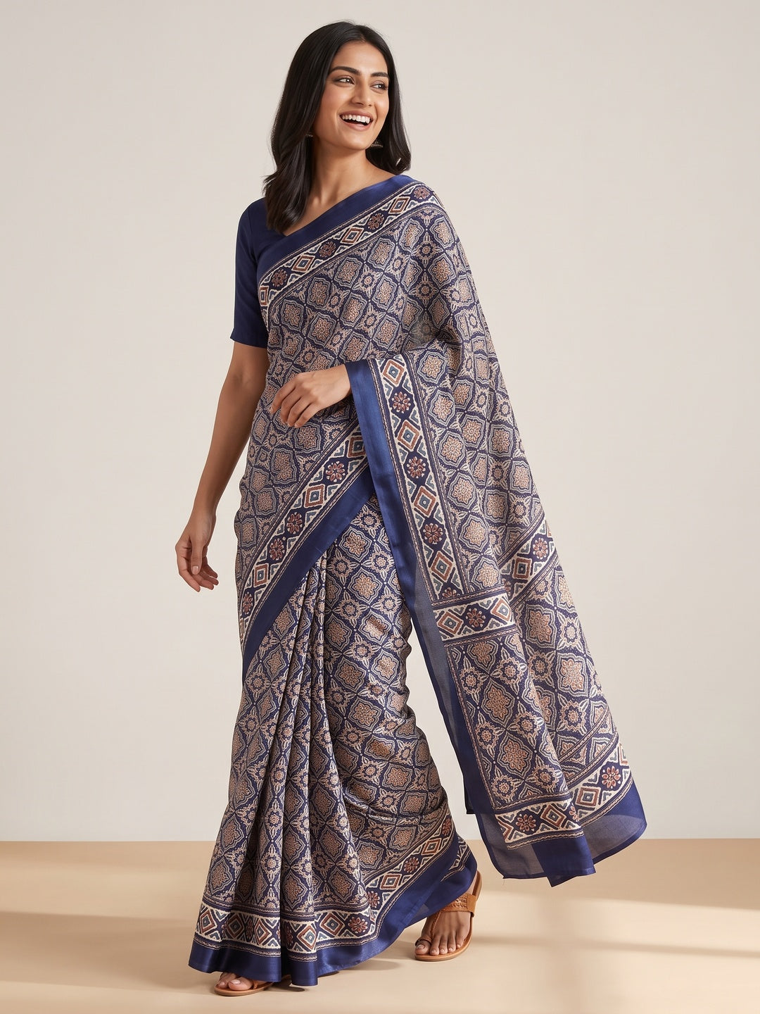 Charming Navy Blue Mill Printed Crepe Silk Saree Adorned With Vibrant Floral Design - Image 4