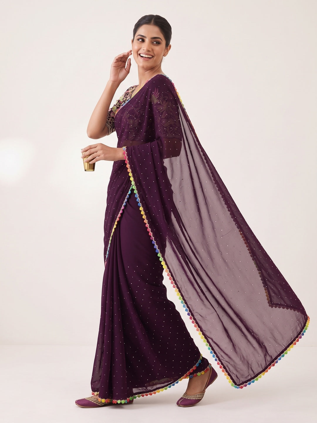 Wine Swarovski Work Embroidered Georgette Saree - Image 4