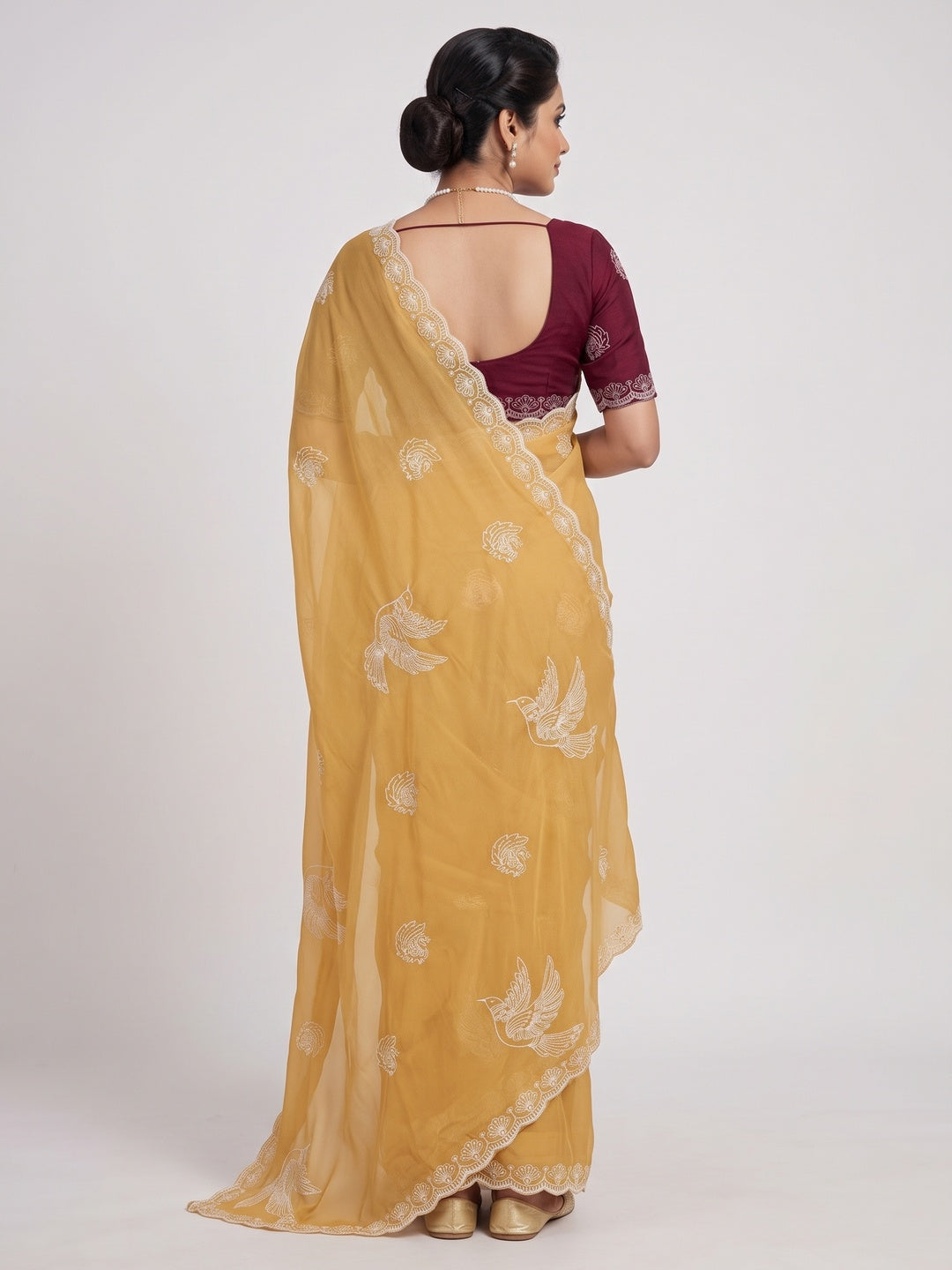 Lightweight Chiffon Saree in Yellow with Exquisite Thread Embroidered Detailing - Image 2