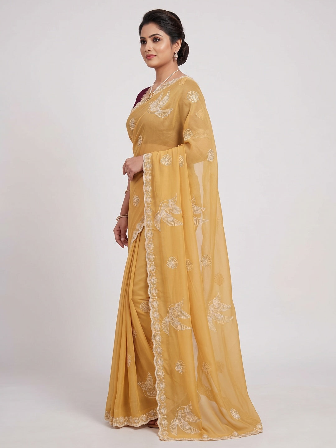 Lightweight Chiffon Saree in Yellow with Exquisite Thread Embroidered Detailing - Image 3