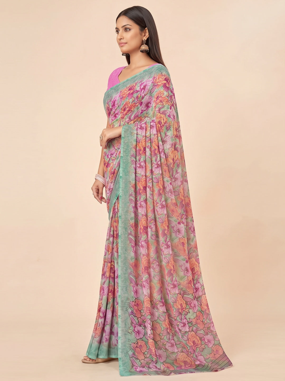 Pink Floral Printed Georgette Saree - Image 3