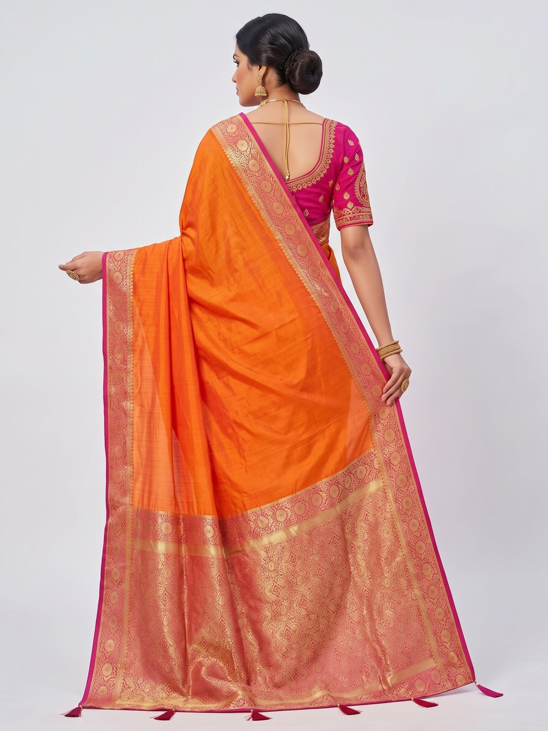 Ethnic Orange Pure Silk Saree with Intricate Border Weaving and Stitched Blouse for Festive Occasions - Image 3