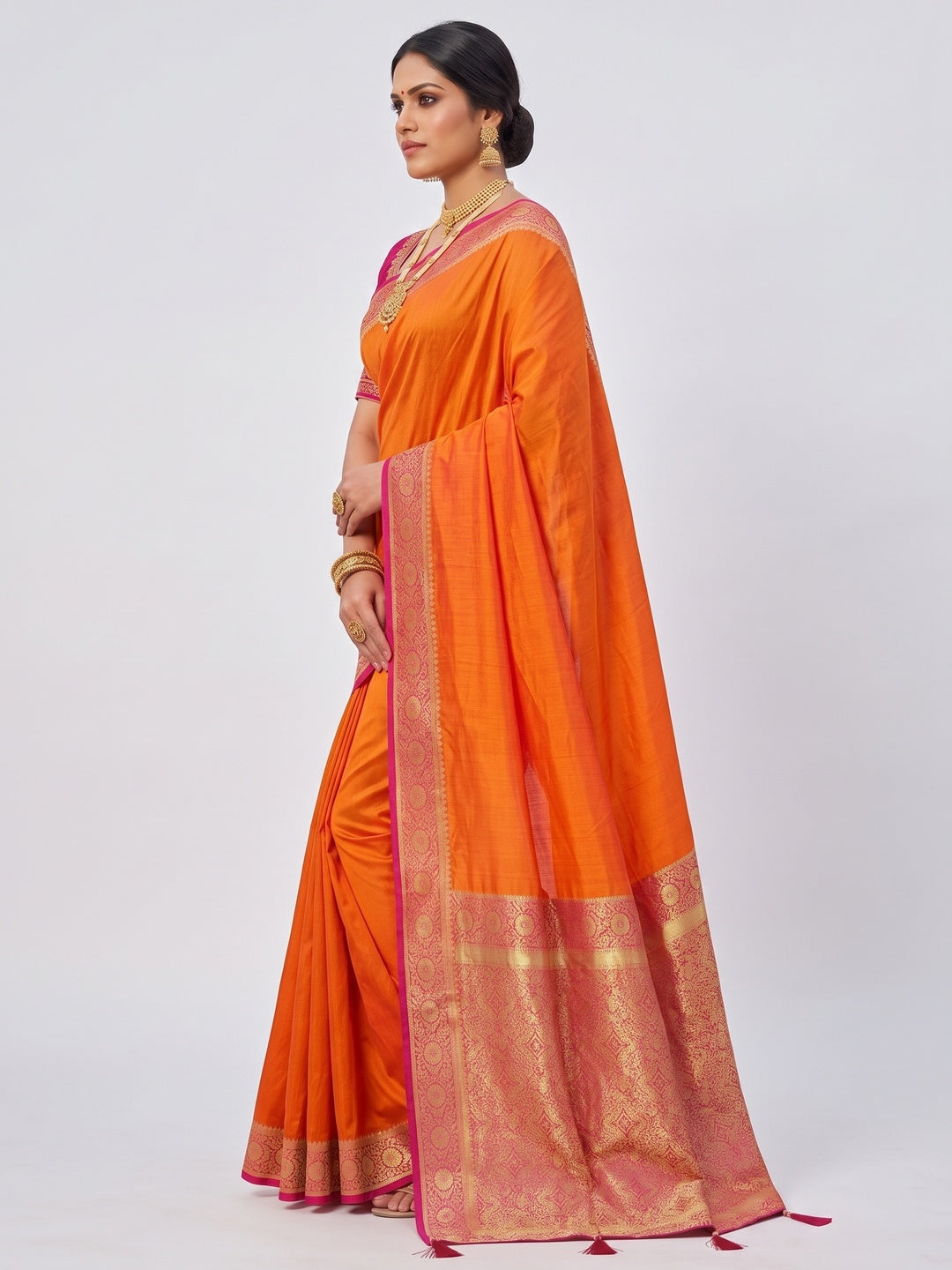 Ethnic Orange Pure Silk Saree with Intricate Border Weaving and Stitched Blouse for Festive Occasions - Image 4
