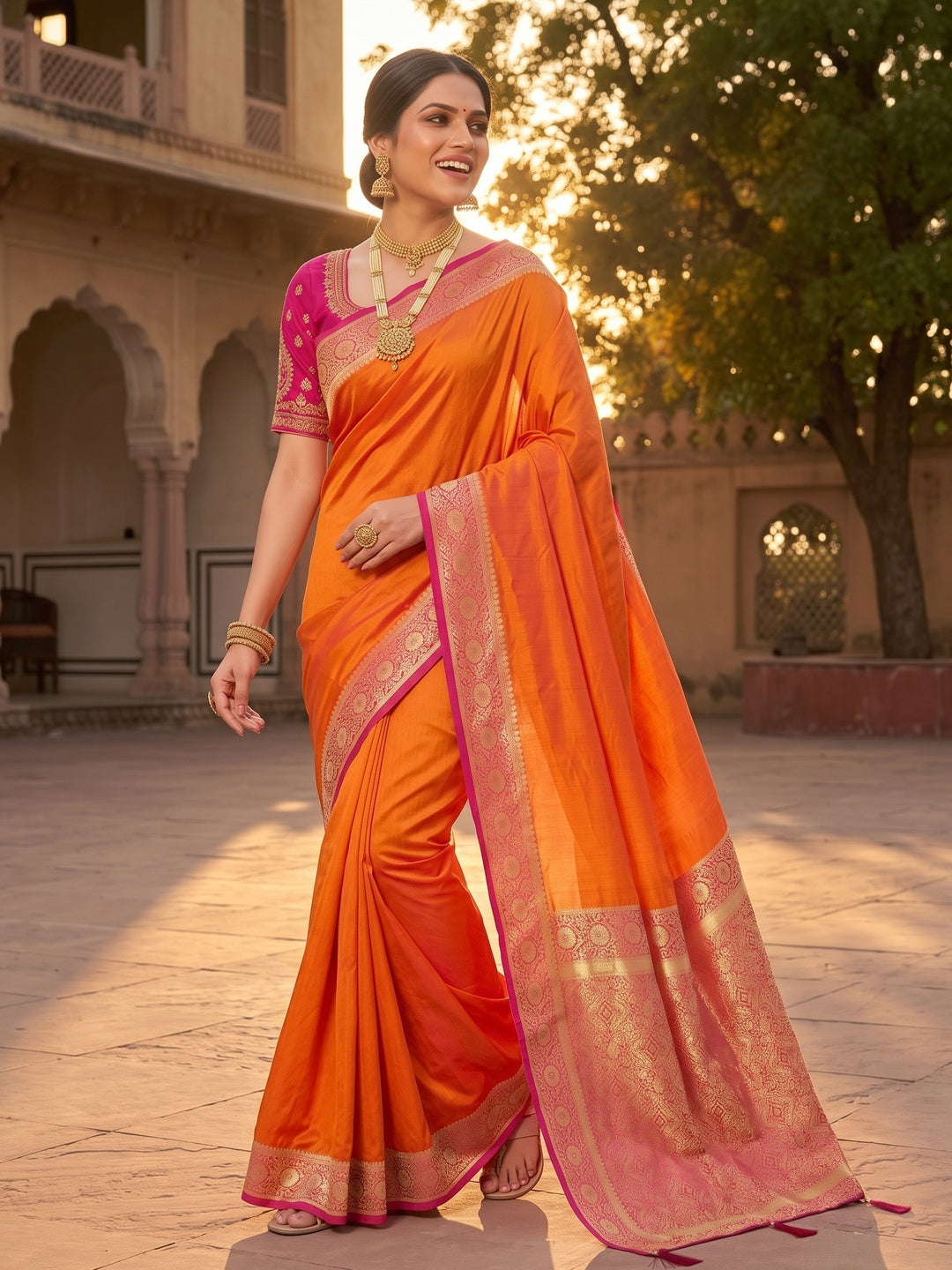 Ethnic Orange Pure Silk Saree with Intricate Border Weaving and Stitched Blouse for Festive Occasions - Image 5